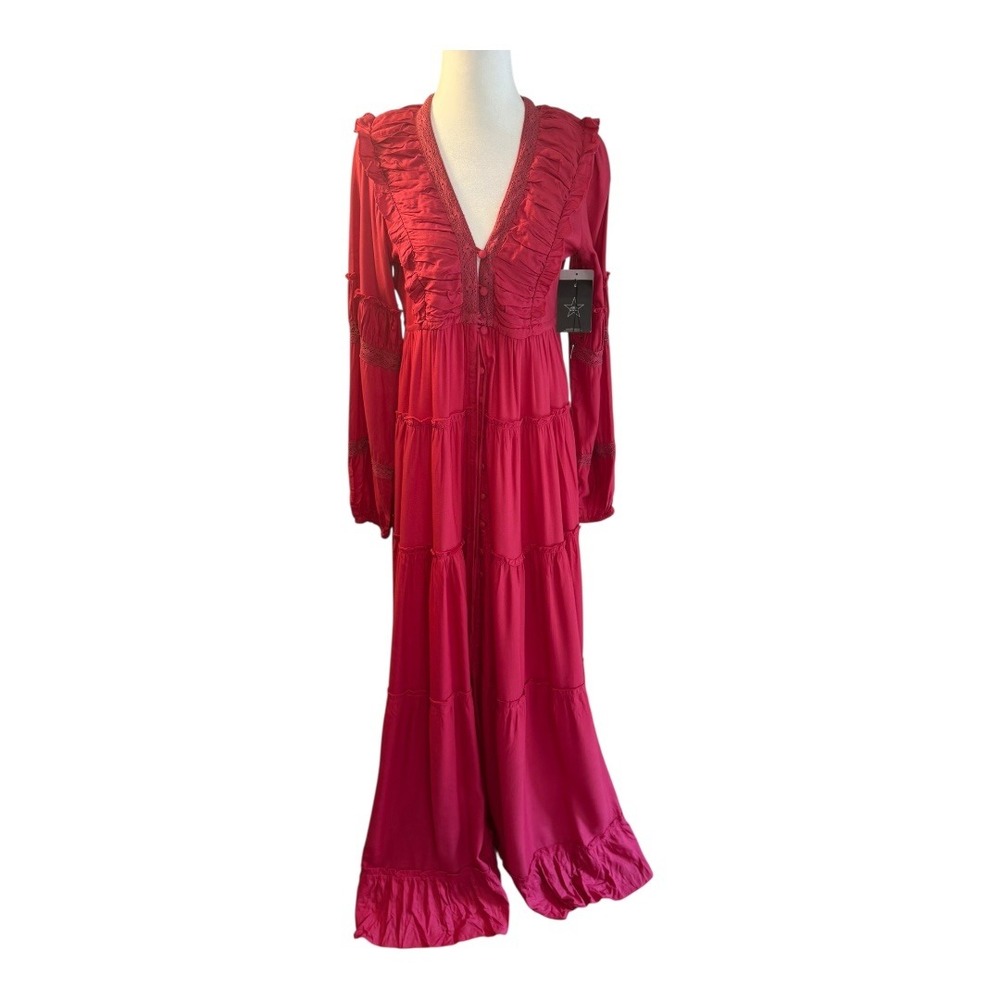 Area Stars Maxi‎ Dress Bohemian Tiered Ruffle Trim Long Sleeve Red Size Small